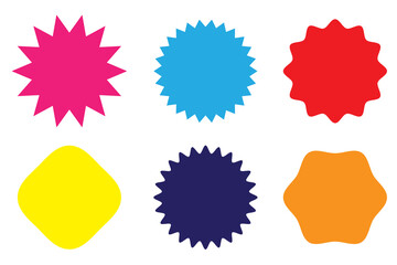 Set of vector starburst, sunburst badges. Set of colorful stickers. Starburst sale sticker. Colored stickers. Sunburst price tags. Set of different colorful icons on white background.
