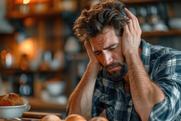 man with headache holds his head with both hands, smart casual clothing, sitting in the kitchen, bokeh