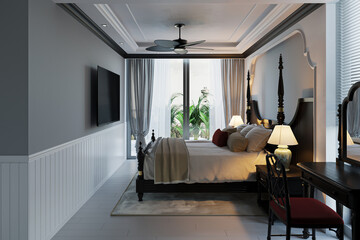 The model of a traditional bedroom with a classical vibe. view of the balcony. natural light.