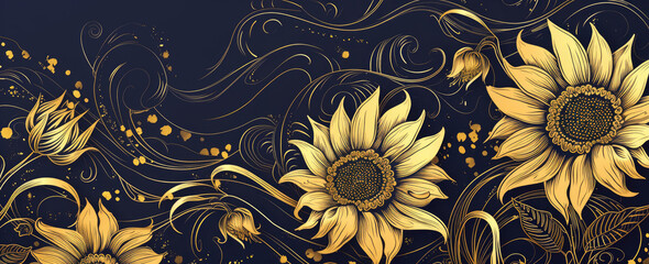 Fototapeta na wymiar illustration of gold sunflowers with black background