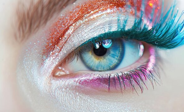 photo closeup of an eye with a creative makeup, green eyelashes, pink shimmery eyeshadow, white eyeliner, ultra details