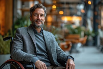 portrait disabled handsome smiling happy corporate man, perfect skin, in wheelchair in large boardroom, bokeh  - obrazy, fototapety, plakaty