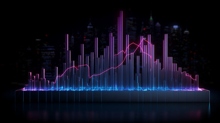 graph of pink and blue, Financial neon rising graph and chart with lines and numbers front view, Ai generated image