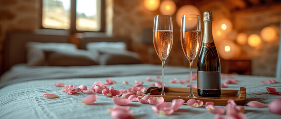 Romantic Bedroom Adorned with Balloons and Rose Petals as well as a tray with a bottle of champagne and 2 glasses - Powered by Adobe