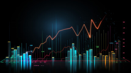 Financial neon rising graph and chart with lines and numbers front view, Ai generated image