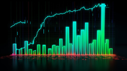 Green market graph, abstract background with lines, Financial neon rising graph and chart with lines and numbers front view, Ai generated image
