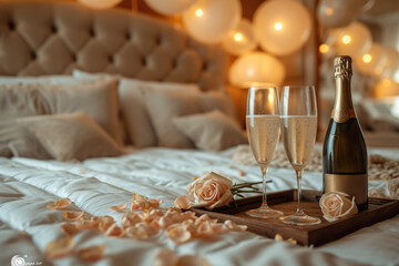 Romantic Bedroom Adorned with Balloons and Rose Petals as well as a tray with a bottle of champagne and 2 glasses