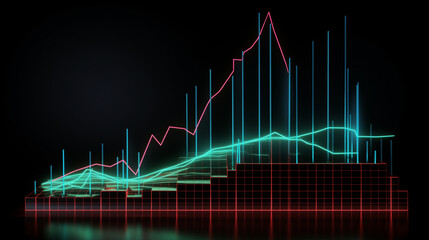 Naklejka premium market graph on black, abstract background with lines, Financial neon rising graph and chart with lines and numbers front view, Ai generated image