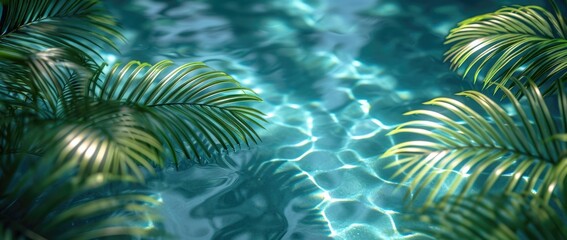 shadow of palm leaves in the water, in the style of light white and light azure