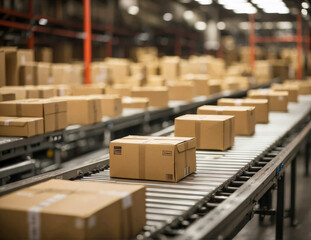Boxes on the conveyor in a warehouse