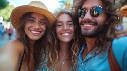 Fototapeta premium happy teenagers selfie together at sea beach on their summer trip.