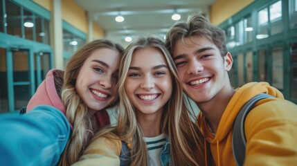 happy teenager students selfie together at school.