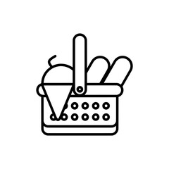Wicker picnic basket with food in outline flat icon. Summer vacation element graphic resources for many purposes.