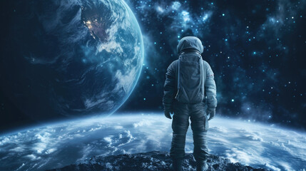 Rear view of an astronaut  standing on the moon and looking at a earth