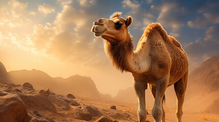 Closeup camel portrait in the desert with space for copy - obrazy, fototapety, plakaty