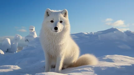 Crédence de cuisine en verre imprimé Renard arctique Closeup white arctic fox in the northern snowy landscape