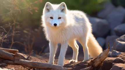 Closeup white arctic fox in the northern steppe landscape