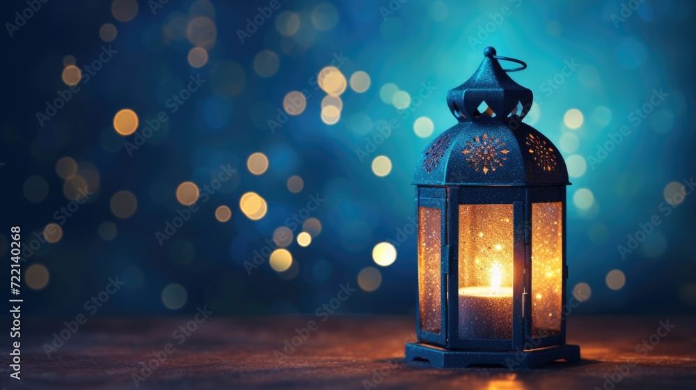 Wall mural Islamic lantern candle lamp in the night on a blue glowing bokeh background, Eid and Ramadan Mubarak concept