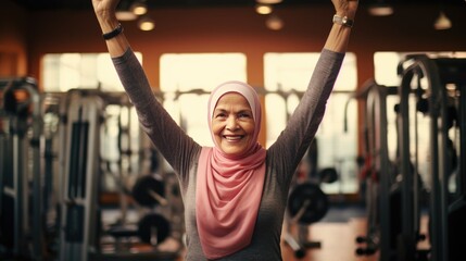 Muslim senior female fitness instructor in the gym
