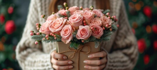Woman holding a present gift box with pink bunch bouquet of roses flowers in her hands - Powered by Adobe