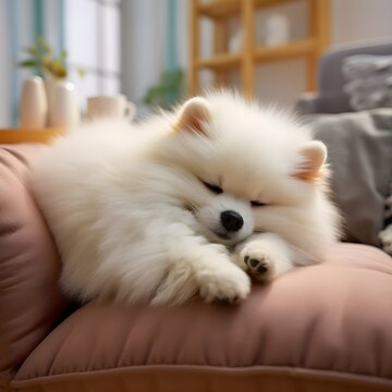 Pomeranian dog is sleeping in a foza chair at home.