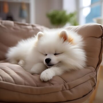 Pomeranian dog is sleeping in a foza chair at home.