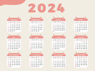 Free vector aesthetic 2024 new year calendar in white and cream bg