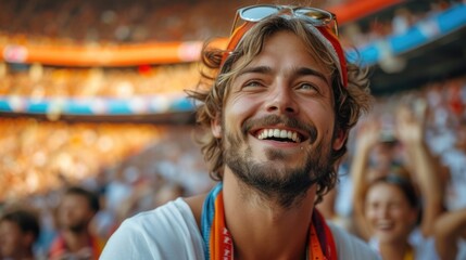 men at sporting event react to exciting game moment, sportswear, stadium crowd in background. - obrazy, fototapety, plakaty