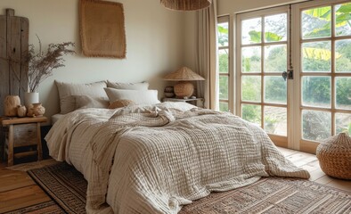 bedroom, a bed with linen cotton bedding, bohemian style rug