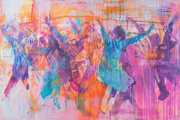 An abstract, stylized painting depicting women dancing to music. Girls at a disco painted with pastels, paints, colored, multicolor illustration. Neo pop art