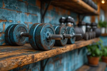 barbells on the shelf of the gym, background