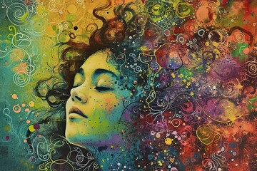 Abstract portrait of a girl with her eyes closed. A beautiful image of a woman's face surrounded by splashes, bubbles, waves