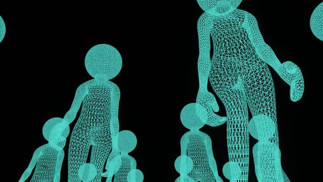 stick man walking, hologram style, black background, 3D rendering