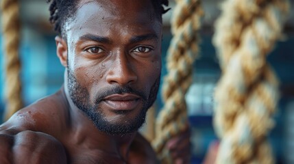 black handsome man doing battle ropes in the gym