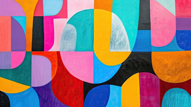 Abstract background of geometric shapes of different colors resembling a painting. Bright blue-pink-yellow painted wall with texture.