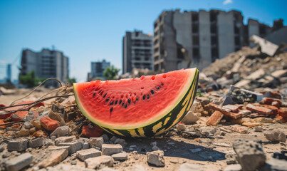 A vibrantly colored watermelon with a backdrop of shattered concrete and debris.