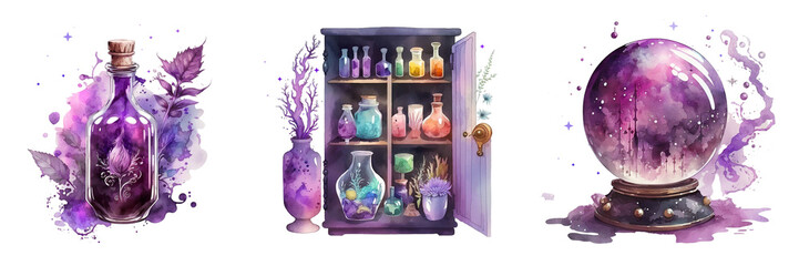 A cabinet with magic potions, a magic ball and a bottle with a magic potion