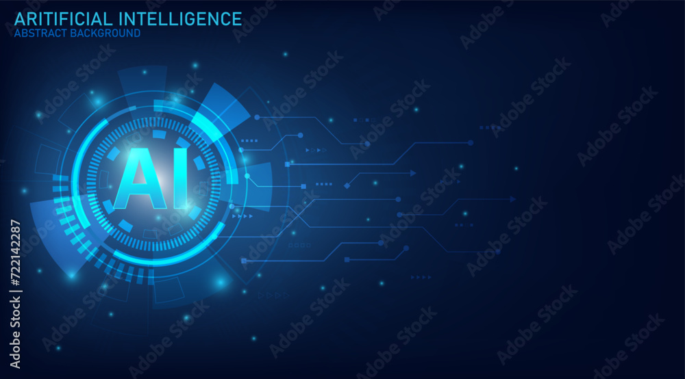 Poster Artificial intelligence technology circuit board. Technology abstract background. Futuristic concept technology artwork for web, banner template. Big data and machine learning. Vector illustration