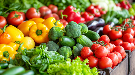 variety of fresh, vibrant vegetables including bell peppers, tomatoes, and zucchinis beautifully displayed at a market or in a kitchen, showcasing freshness and quality