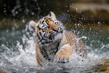 Fototapeta na wymiar siberian tiger cub shaking off water after a refreshing swim