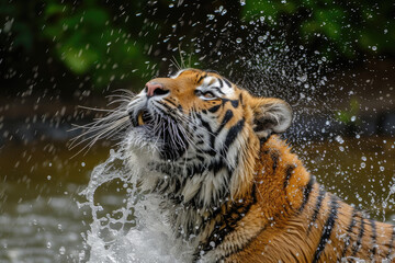 siberian tiger shaking off water after a refreshing swim
