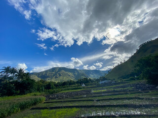 The fields and hills against blue sky at Lake Toba, Nort Sumatra. 
