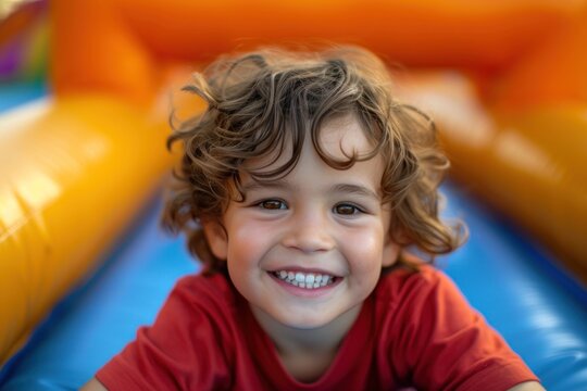 image of American boy having fun and smiling in full color inside a bounce house that is blurred in the background