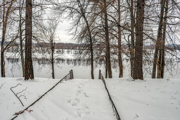 Obraz premium Winter landscape with river, forest at overcast weather.