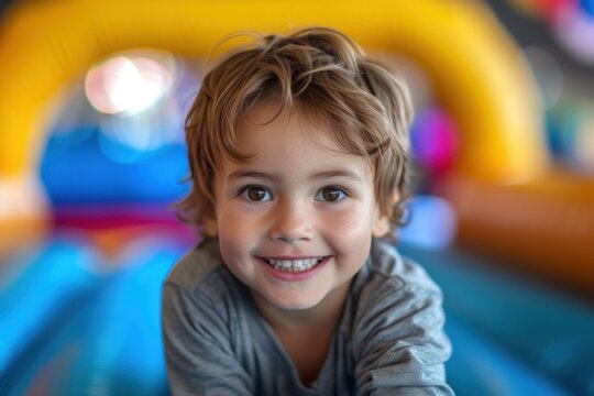 image of American boy having fun and smiling in full color inside a bounce house that is blurred in the background