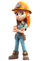 Cartoon portrait of a cute girl construction worker with her arms crossed on a transparent background, Generative AI