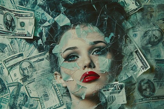 A stylized portrait of a girl in the neo-pop style. A collage of bills, money and the face of a beautiful woman. The concept of materiality, thirst for money, venality of people