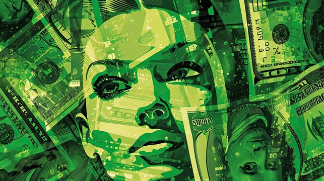 A stylized portrait of a girl in the neo-pop style. A collage of bills, money and the face of a beautiful woman. The concept of materiality, thirst for money, venality of people