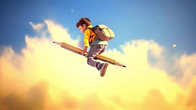 Back to school! Happy cute industrious child flying on the pencil on background of sunset sky. Concept of education and reading. The development of the imagination.