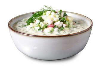 Cold Okroshka Soup with Eggs, Vegetables, Meat, Herbs and Kefir on a Bright Background, Summer Soup
